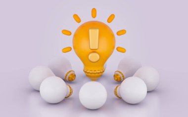 light bulb exclamation glossy bright realistic sign on white background 3d render concept