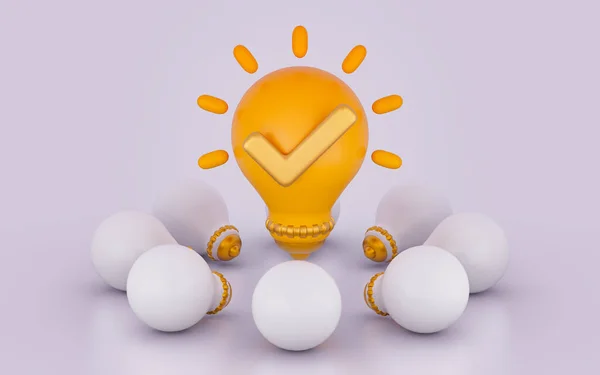 Lightbulb Checkmark Glossy Bright Realistic Sign White Background Render Web — Zdjęcie stockowe