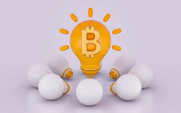 白い背景の3Dレンダリングコンセプト上の電球光沢のある明るい現実的な兆候とビットコイン — ストック写真
