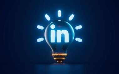 linkedin icon glowing inside lightbulb on dark background 3d render concept