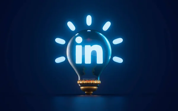 Linkedin Icon Glowing Lightbulb Dark Background Render Concept — Zdjęcie stockowe