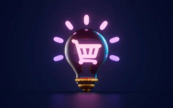 Online Shopping Cart Icon Glowing Lightbulb Dark Background Render Concept — Fotografia de Stock