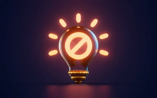 Ban Stop Warning Icon Glowing Lightbulb Dark Background Render Concept — Stockfoto