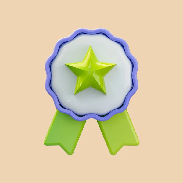 Realistyczny Błyszczący Certyfikat Ikona Renderowania Dla Medali Okrągły Gwiazdką Wstążką — Zdjęcie stockowe