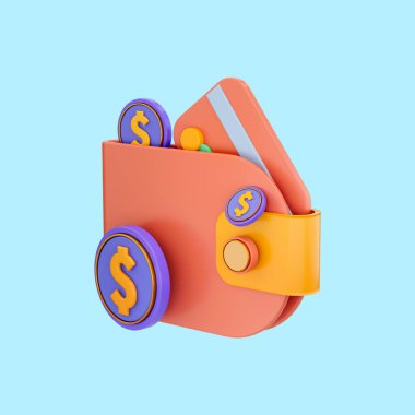 Cüzdan kredi kartı ve dolar simgesi tasarruf parası için 3d hazırlama kavramı ve önemli belge 