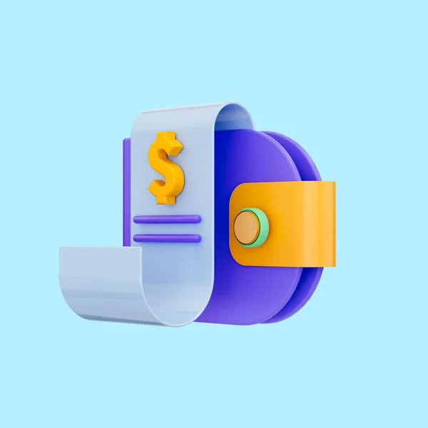 美元发票货币钱包图标3D渲染的概念为节省在线付款 — 图库照片