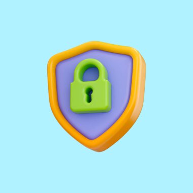 çizgi film güvenlik kalkanı kilidi ikonu virüs ve güvenliğe karşı koruma için üç boyutlu oluşturma kavramı