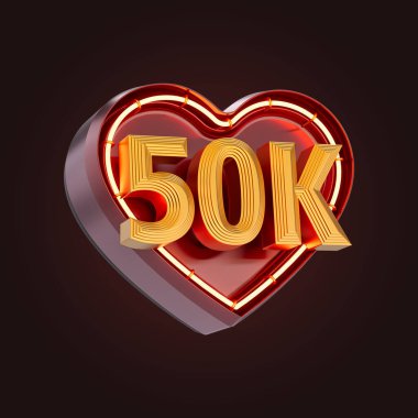 50 bin ya da 50 bin takipçi kutlama ikonu neon ışıklı 3D canlandırma konsepti