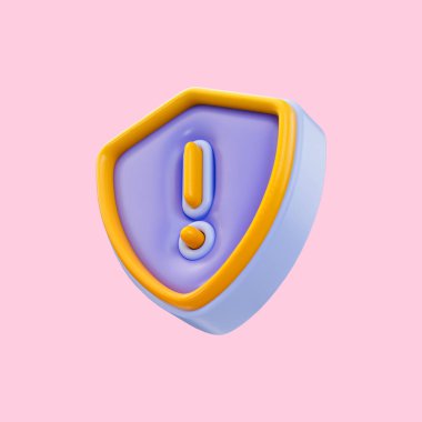karikatür güvenlik kalkanı ünlem simgesi güvenlik koruması ve uyarı için üç boyutlu görünüm