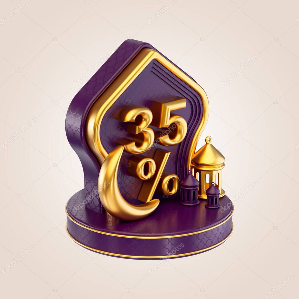 35 percent Ramadan and eid discount bagde sign with gold moon lanterns and podium 3d render concept