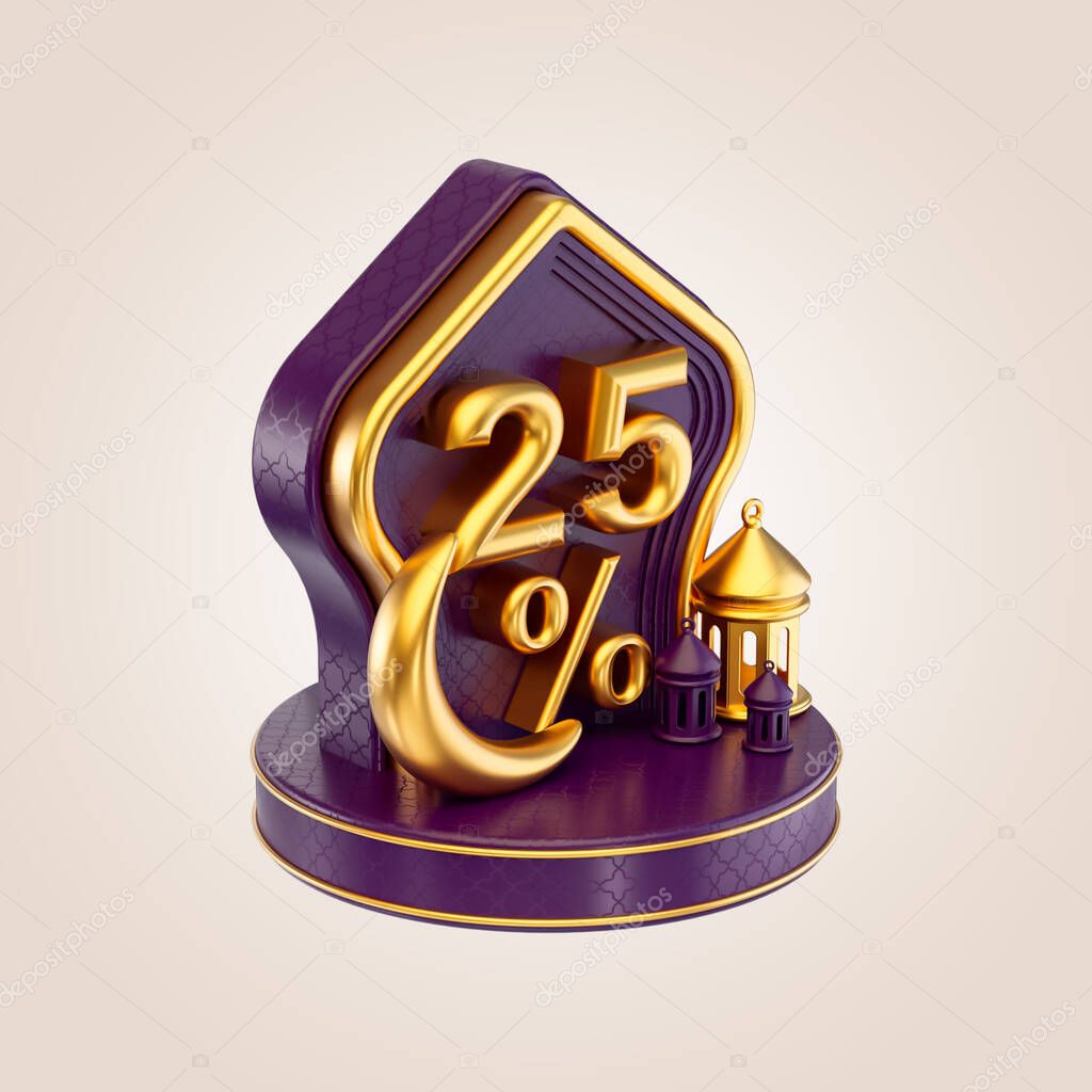 25 percent Ramadan and eid discount bagde sign with gold moon lanterns and podium 3d render concept