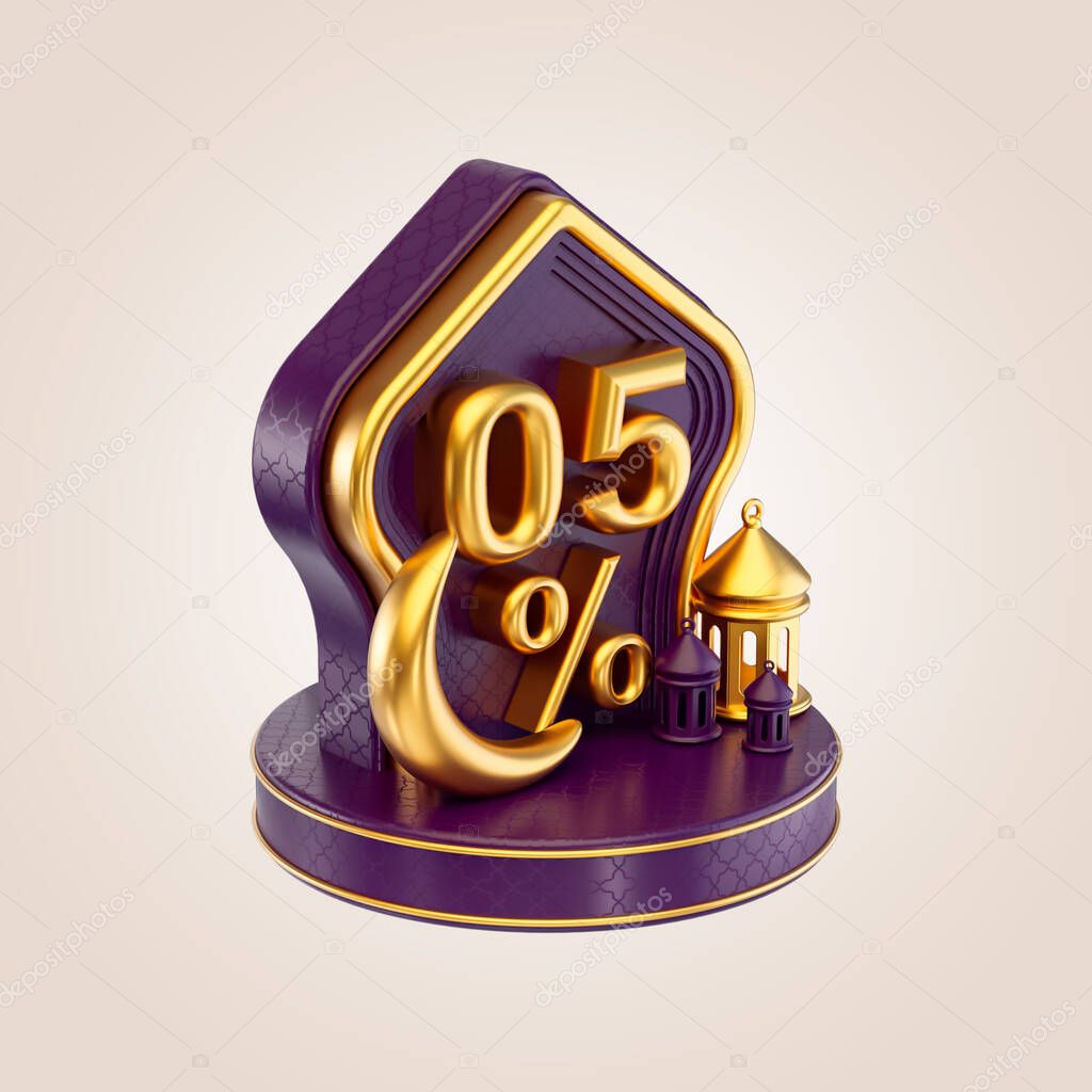 5 percent Ramadan and eid discount bagde sign with gold moon lanterns and podium 3d render concept