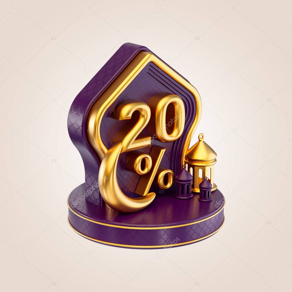 20 percent Ramadan and eid discount bagde sign with gold moon lanterns and podium 3d render concept