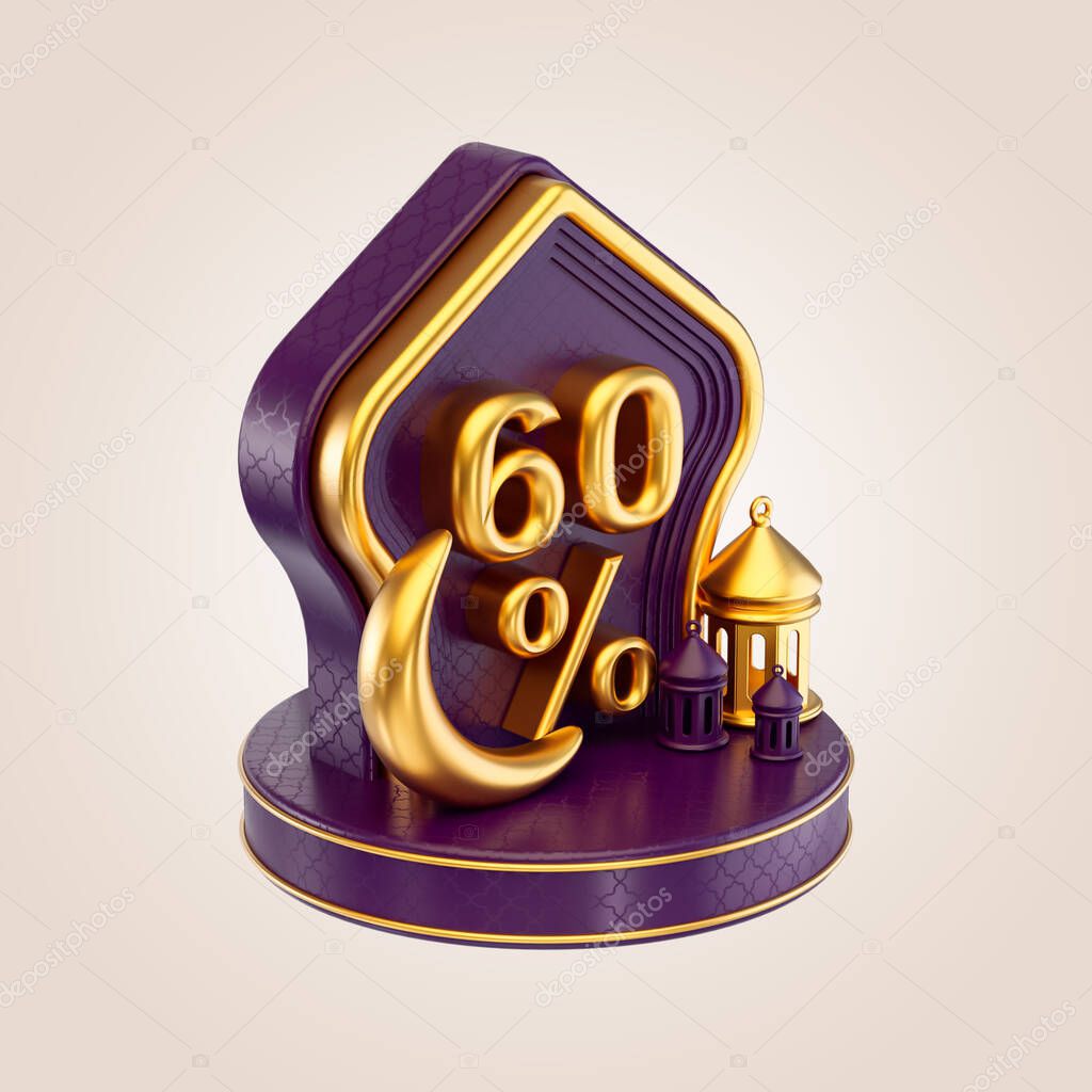 60 percent Ramadan and eid discount bagde sign with gold moon lanterns and podium 3d render concept