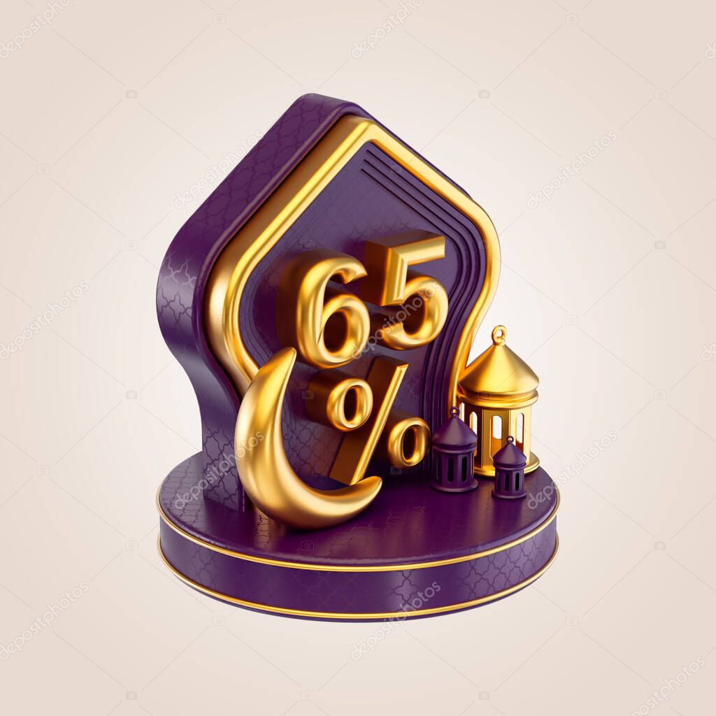 65 percent Ramadan and eid discount bagde sign with gold moon lanterns and podium 3d render concept