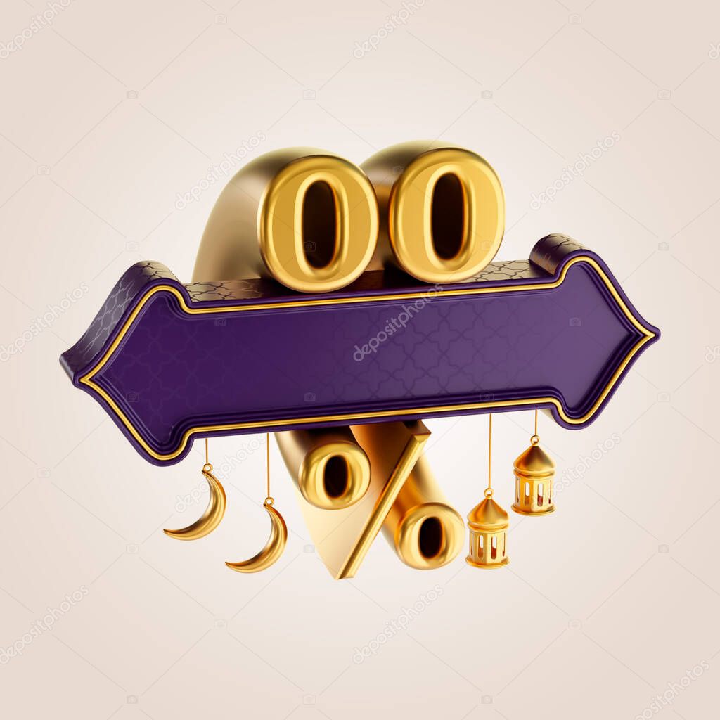 0 percent interest ramadan and eid sale banner label badge with gold moon and lantern 3d render