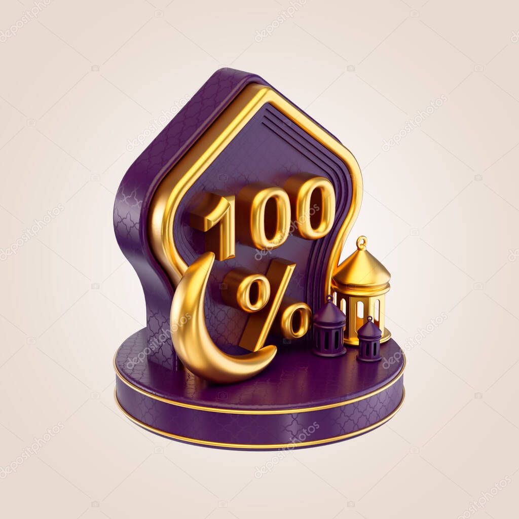 100 percent Ramadan and eid discount bagde sign with gold moon lanterns and podium 3d render concept