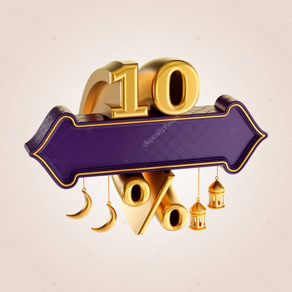 10 percent discount ramadan and eid sale banner label badge with gold moon and lantern 3d render