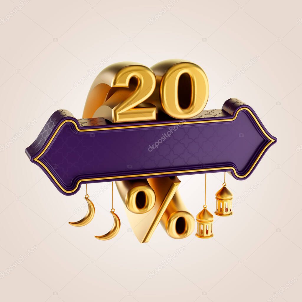 20 percent discount ramadan and eid sale banner label badge with gold moon and lantern 3d render