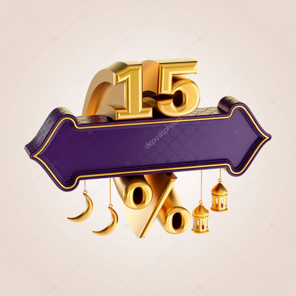 15 percent discount ramadan and eid sale banner label badge with gold moon and lantern 3d render
