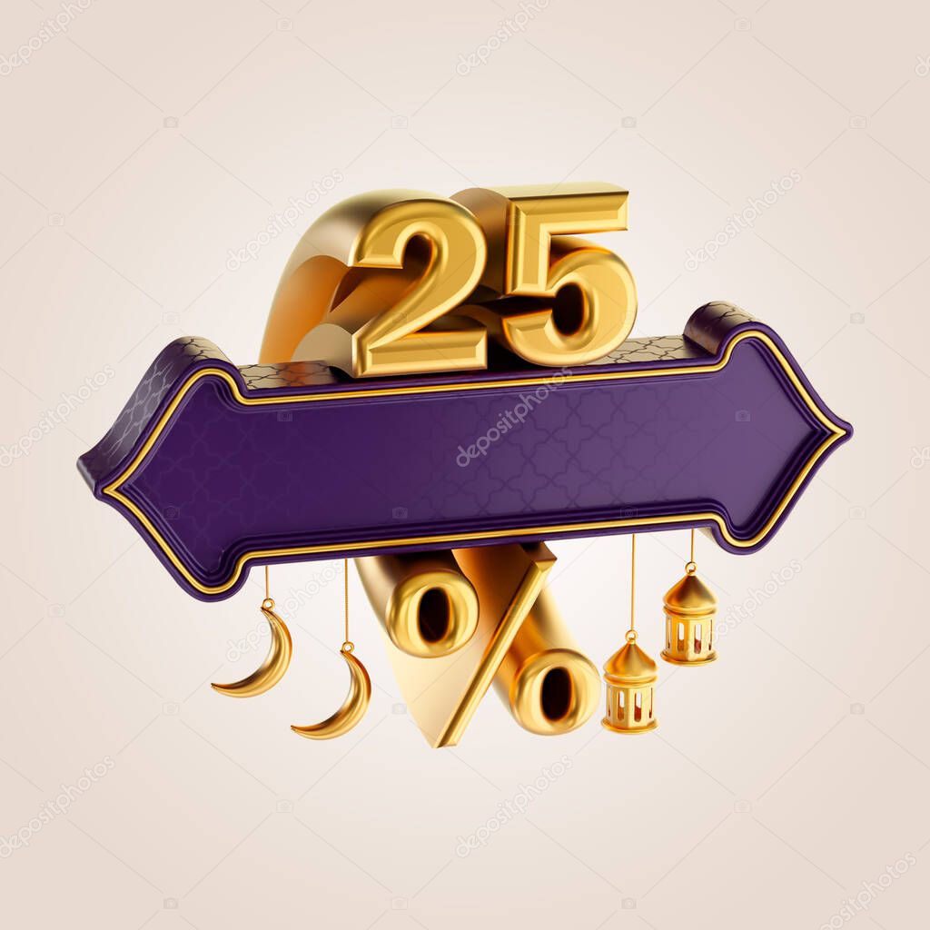 25 percent discount ramadan and eid sale banner label badge with gold moon and lantern 3d render