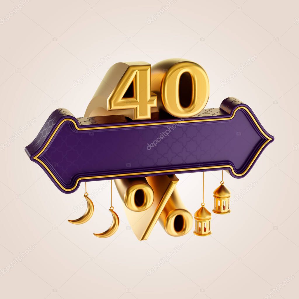 40 percent discount ramadan and eid sale banner label badge with gold moon and lantern 3d render