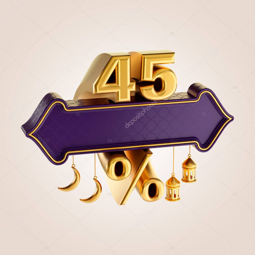 45 percent discount ramadan and eid sale banner label badge with gold moon and lantern 3d render