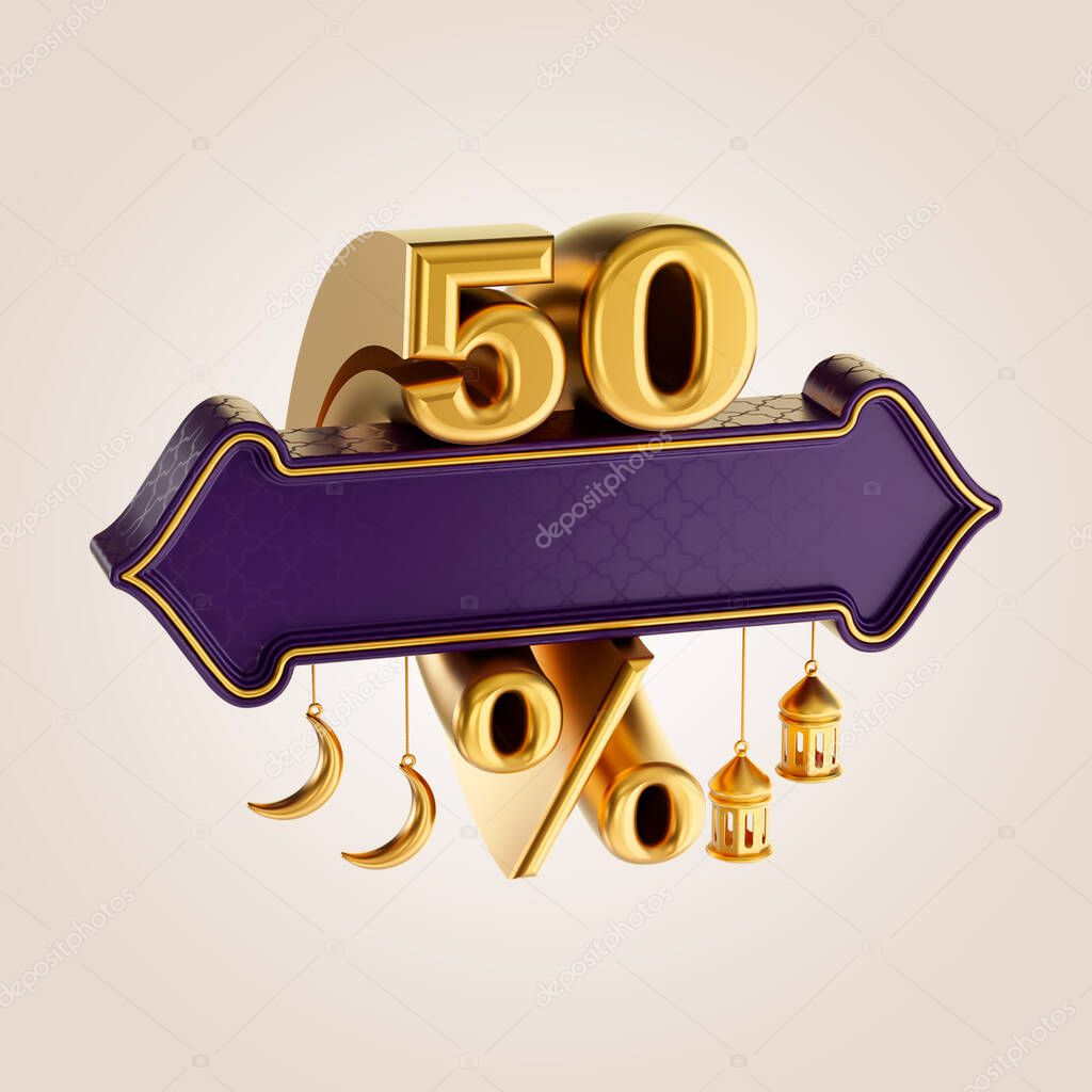 50 percent discount ramadan and eid sale banner label badge with gold moon and lantern 3d render