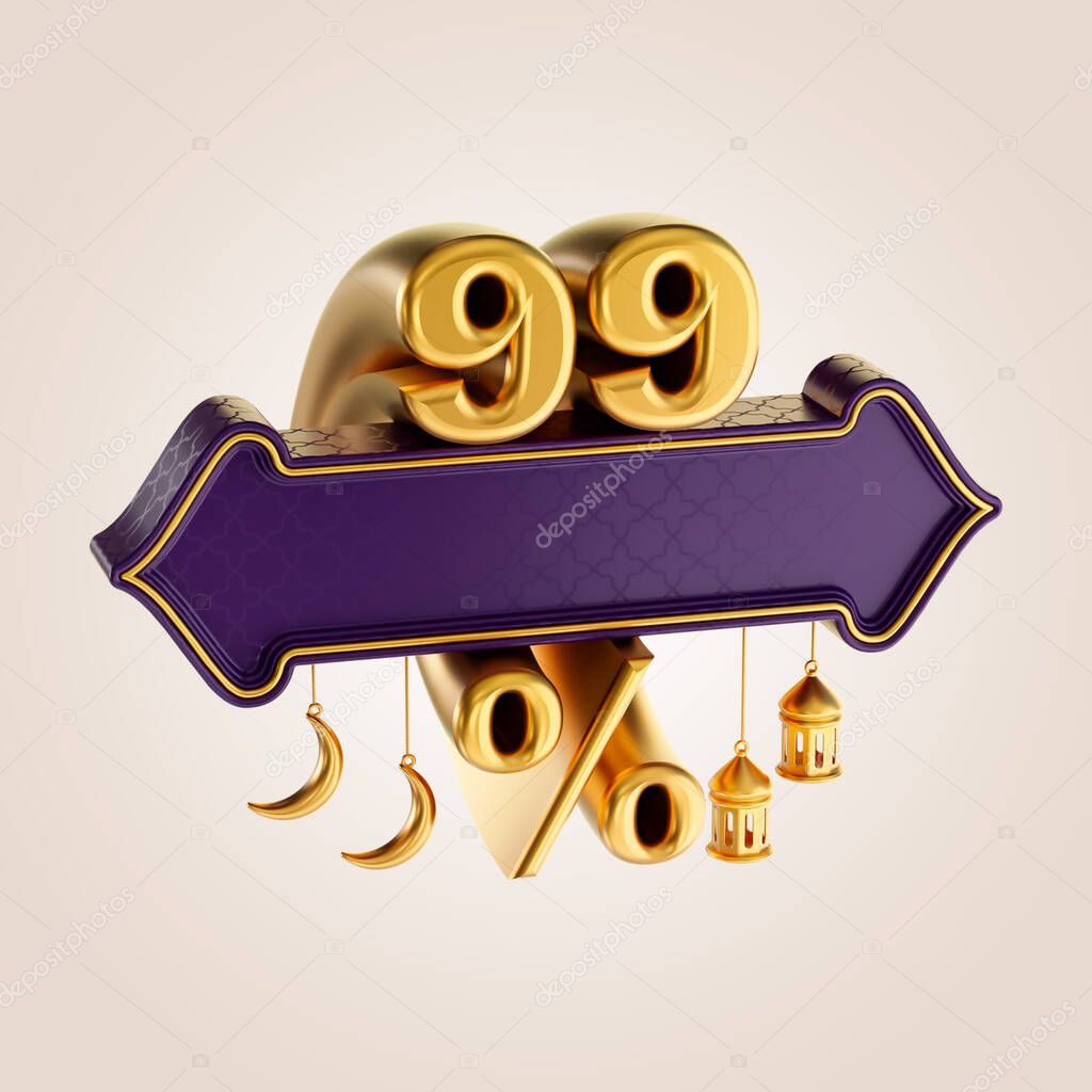 99 percent discount ramadan and eid sale banner label badge with gold moon and lantern 3d render