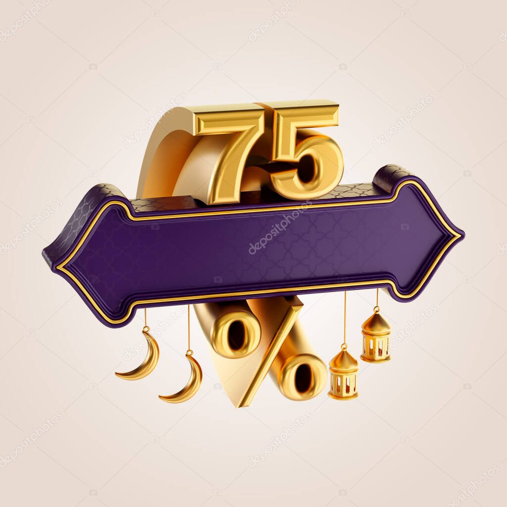 75 percent discount ramadan and eid sale banner label badge with gold moon and lantern 3d render