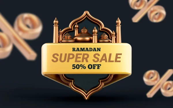 Procent Super Sprzedaż Baner Złotym Meczetem Renderowania Ramadan Eid Duże — Zdjęcie stockowe