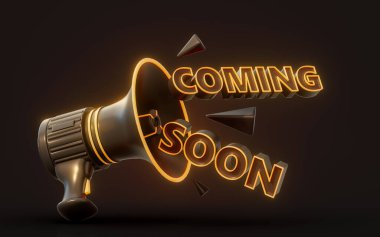Yakında megafon neonlu parlayan ışık ile duyuracağız. Büyük beklenti için 3D canlandırma konsepti. 