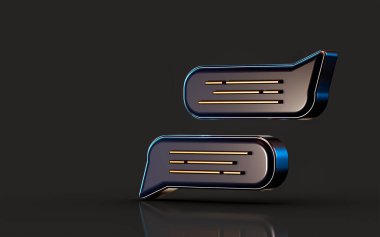 Konuşma sosyal medyası için karanlık arkaplan kavramı üzerine 3D altın metalik mesaj simgesi oluştur