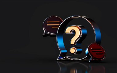 Bilgi istemek için karanlık arkaplan kavramı üzerine 3D metalik soru işareti simgesi oluştur