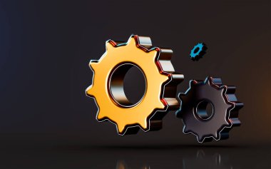 Koyu arkaplan üzerindeki dişli simgesi teknik problem çözme ve uygulama işareti için 3d hazırlama kavramı