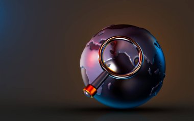 Evrensel bilgi ve sembol bulmak için karanlık arkaplan 3d oluşturma konsepti üzerinde küresel arama simgesi
