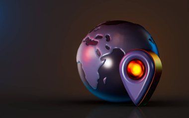 Koyu arkaplan üzerindeki genel konum simgesi dünya için farklı konumlar için 3d oluşturma kavramı iyi işaretle
