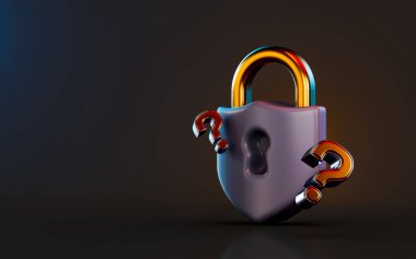 Koyu arkaplanda soru işareti olan güvenlik kilidi simgesi güvenlik karmaşası için 3d oluşturma kavramı
