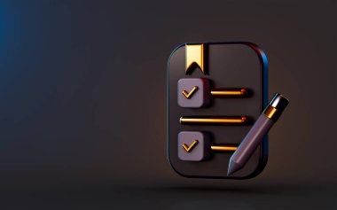 Koyu arkaplan 3d oluşturma kavramı üzerinde kontrol listesi olan pano belgesi simgesi