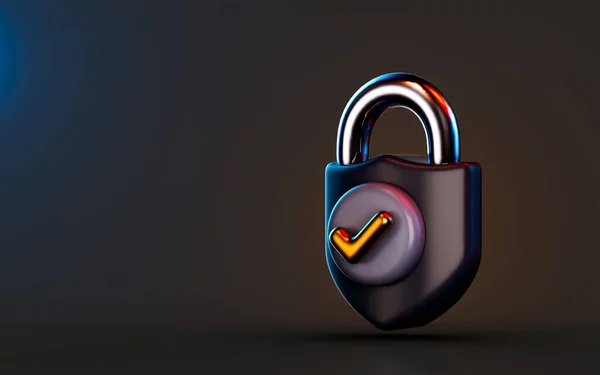 黒の背景にチェックマークバッジ付きロックアイコンサイバー安全保護のための3Dレンダリングコンセプト — ストック写真