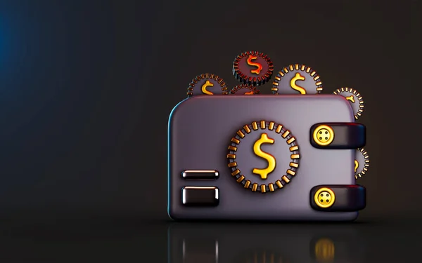 お金を節約するための暗い背景3Dレンダリングの概念上のドルコインと財布のアイコンキャッシュレス — ストック写真