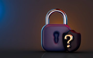 Kalkan soru işareti simgesini koyu arkaplandaki koruma karmaşası için 3d oluşturma kavramına kilitle 