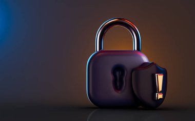 Koyu arkaplandaki kalkan ünlem simgesini kilitle. Siber koruma uyarısı için 3D yorumlama kavramı