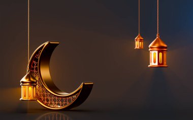Ramazan Müslümanları için karanlık arka planda parlayan siyah ay feneri simgesi