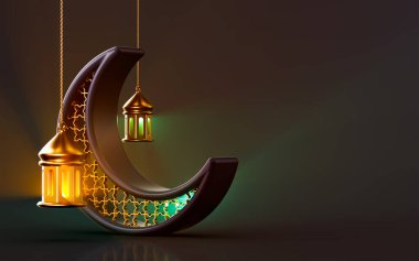 Kara Ay 'ın altın fener simgesi. Ramazan ayı için koyu arkaplanlı. 3D canlandırma kavramı. 