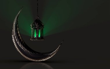 Kara Ay fener simgesi camii koyu arkaplan ile parlayan Kurban Bayramı veya Ramazan ayları için 3D canlandırma kavramı