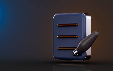 Koyu arkaplan üzerine kalem içeren belge yazma simgesi yazma ve hikaye anlatma için 3d oluşturma kavramı