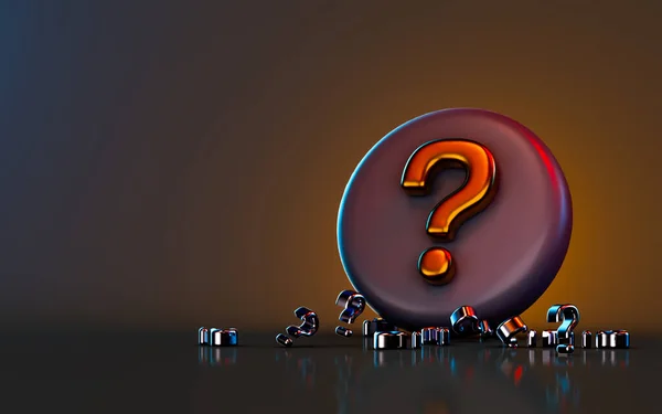 question mark badge icon on dark background 3d render concept for asking confusion solution exam