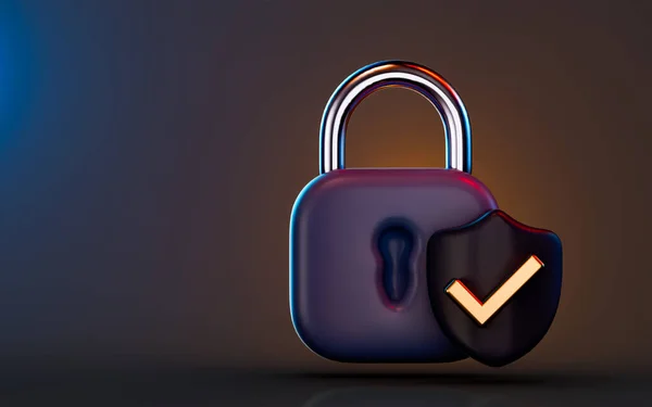 Lock Shield Check Mark Icon Dark Background Render Concept Cyber — ストック写真