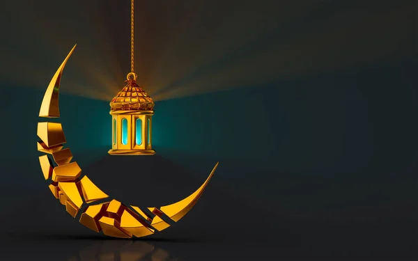 Golden Moon Lantern Icon Dark Background Render Concept Ramadan Kareem — стокове фото